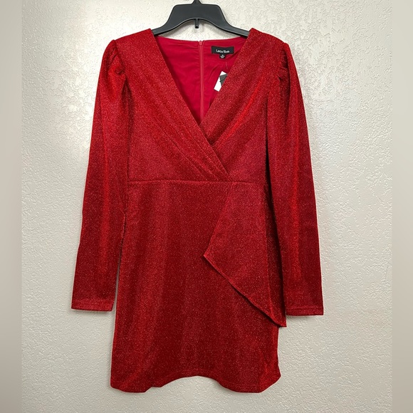 Lea & Viola Red Shimmer Overlay long sleeves detailed Mini Dress Contemporary - Picture 4 of 10